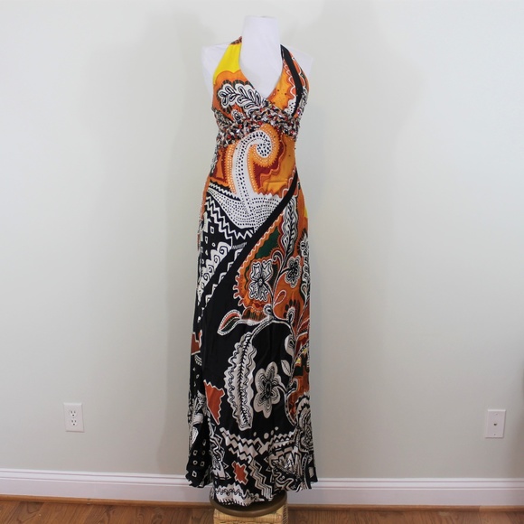Mary J Couture Dresses & Skirts - Mary J Couture Maxi Halter Dress Silk 4 Yellow Red